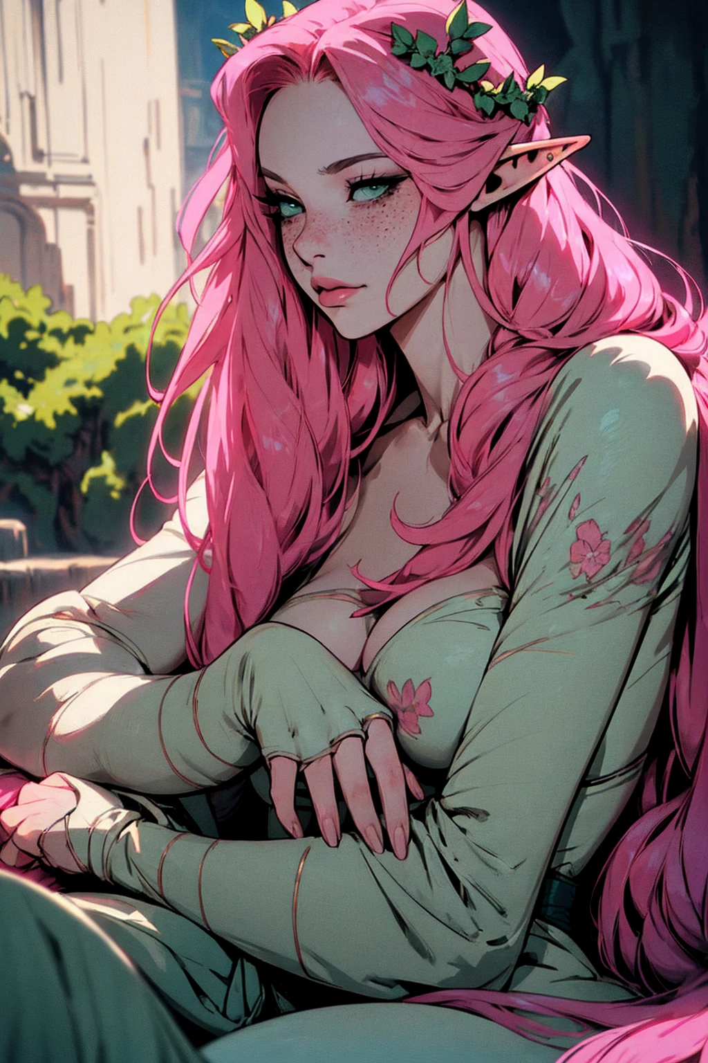 hyper-realistic of a mysterious woman with flowing pink hair, ears of elf, freckles, piercing green eyes, and a delicate floral crown, delicate smile, upper body, dinamic poses,sitting oh the ground