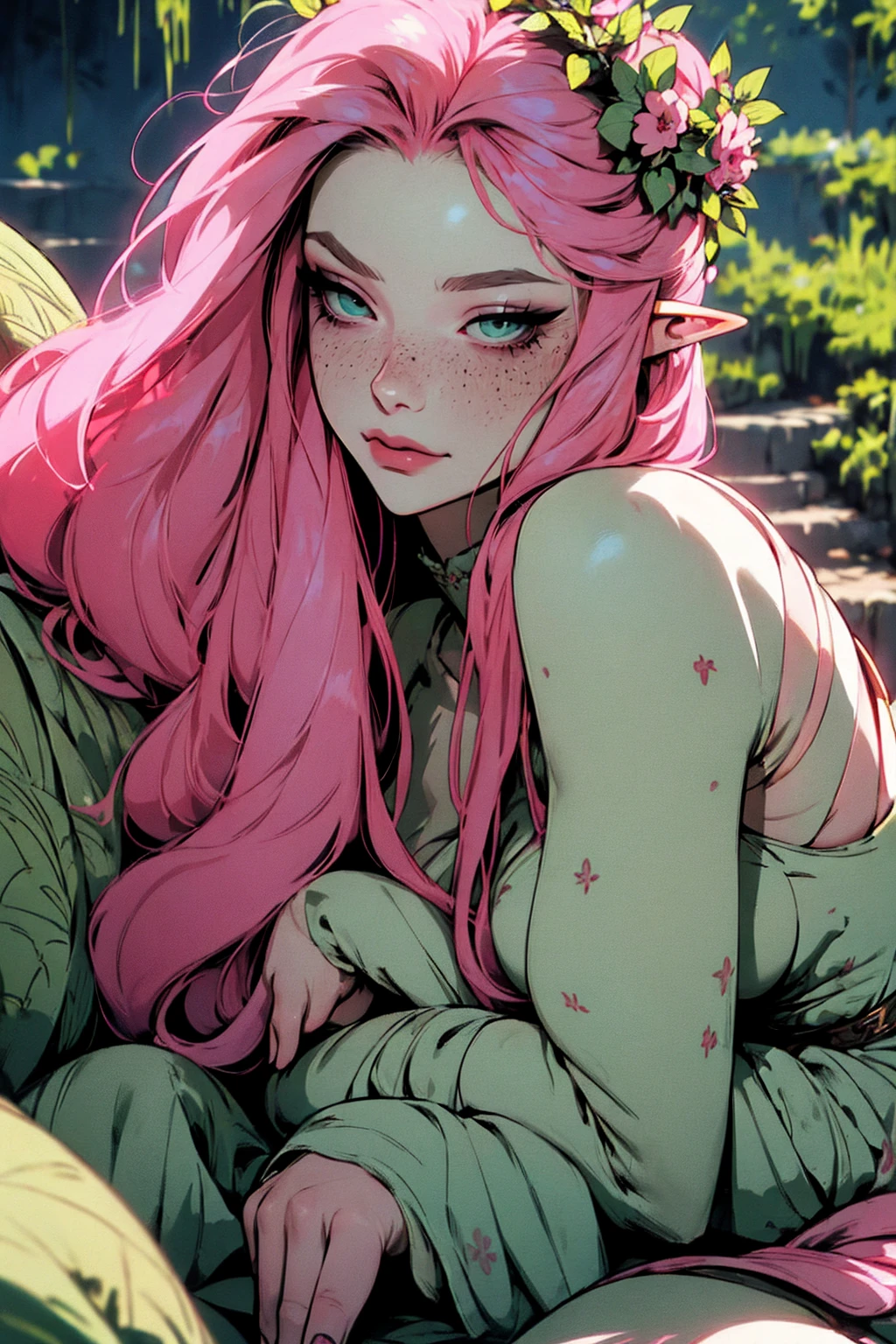 hyper-realistic of a mysterious woman with flowing pink hair, ears of elf, freckles, piercing green eyes, and a delicate floral crown, delicate smile, upper body, dinamic poses,sitting oh the ground