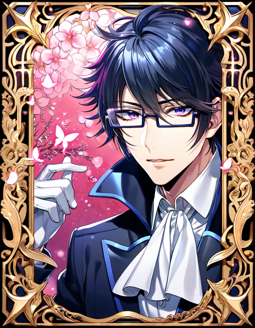 absurdres, highres, ultra detailed, HDR, master piece, best quality, Fushimi Saruhiko, messy hair, hair windswept, dark black blue tinted hair, long side bangs, expressive purple eyes, K Project, rectangular-shaped glasses, military uniform, a high collared long-sleeved dark blue trench coat, underneath his intricate coat, white shirt with an upturned collar, white fancy cravat, white gloves, solo, sexy man, handsome, fantasy, shining, water, pink flowers, pink blossoms, pink butterflies, pink petals
