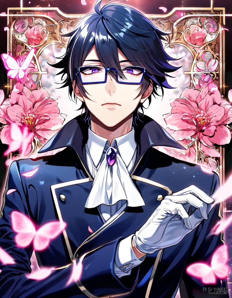 absurdres, highres, ultra detailed, HDR, master piece, best quality, Fushimi Saruhiko, messy hair, hair windswept, dark black blue tinted hair, long side bangs, expressive purple eyes, K Project, rectangular-shaped glasses, military uniform, a high collared long-sleeved dark blue trench coat, underneath his intricate coat, white shirt with an upturned collar, white fancy cravat, white gloves, solo, sexy man, handsome, fantasy, shining, water, pink flowers, pink blossoms, pink butterflies, pink petals