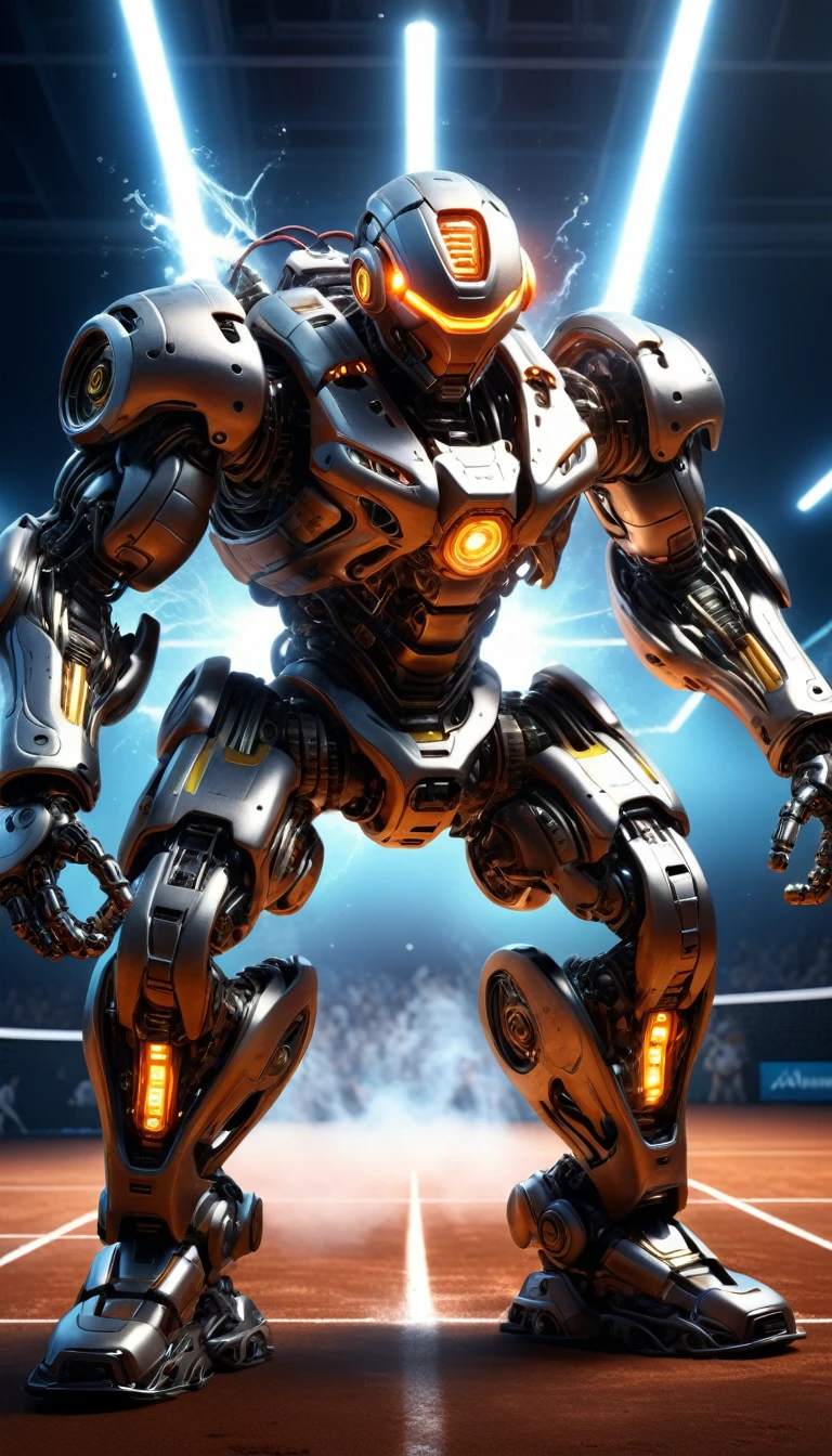 a cybernetically enhanced tennis player, detailed mechanical body, iron legs, massive arms, pitches ball towards camera, dramatic lighting, (best quality,4k,8k,highres,masterpiece:1.2),ultra-detailed,(realistic,photorealistic,photo-realistic:1.37),cinematic,concept art,science fiction,hyperrealistic,volumetric lighting,dramatic shadows,moody atmosphere,highly detailed machinery,intricate mechanical details,gleaming metal surfaces,wires and circuits,glowing energy cells,powerful robotic muscles,intense focus,intense motion blur,high contrast