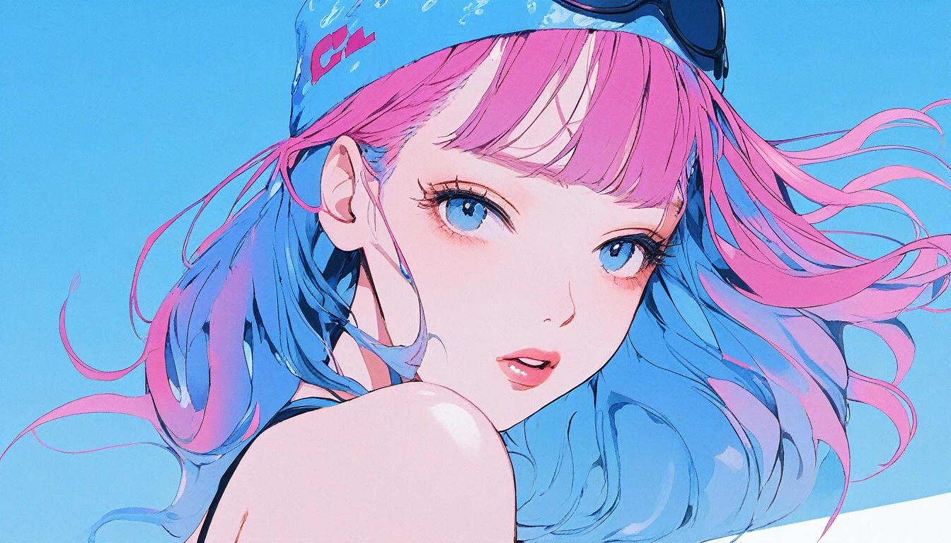 Illustrator, anime , Realistic ,sketch , 1 Girl, ,lip, Swimwear,order, Blue gradient background, Neon Hair,Textured Trim, Canadian, (masterpiece,Highest quality) Cancer、