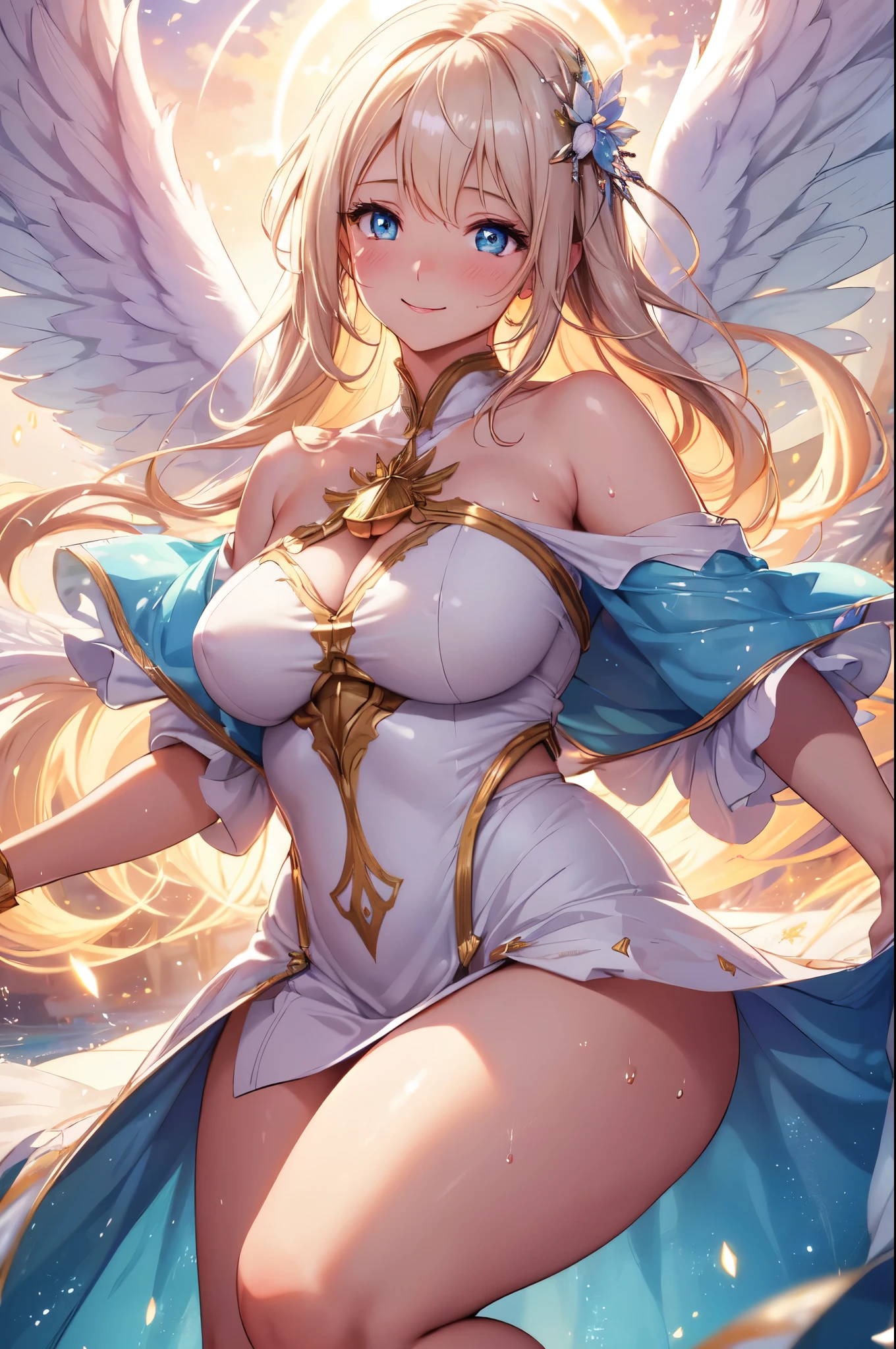 (High quality, High resolution, Fine details), floating in the sky, angelic, colorful wings, ethereal, glowing aura, solo, curvy adult women, sparkling eyes, (Detailed eyes:1.2), smile, blush, Sweat, Oily skin, fantasy art, Soft tones, shallow depth of field