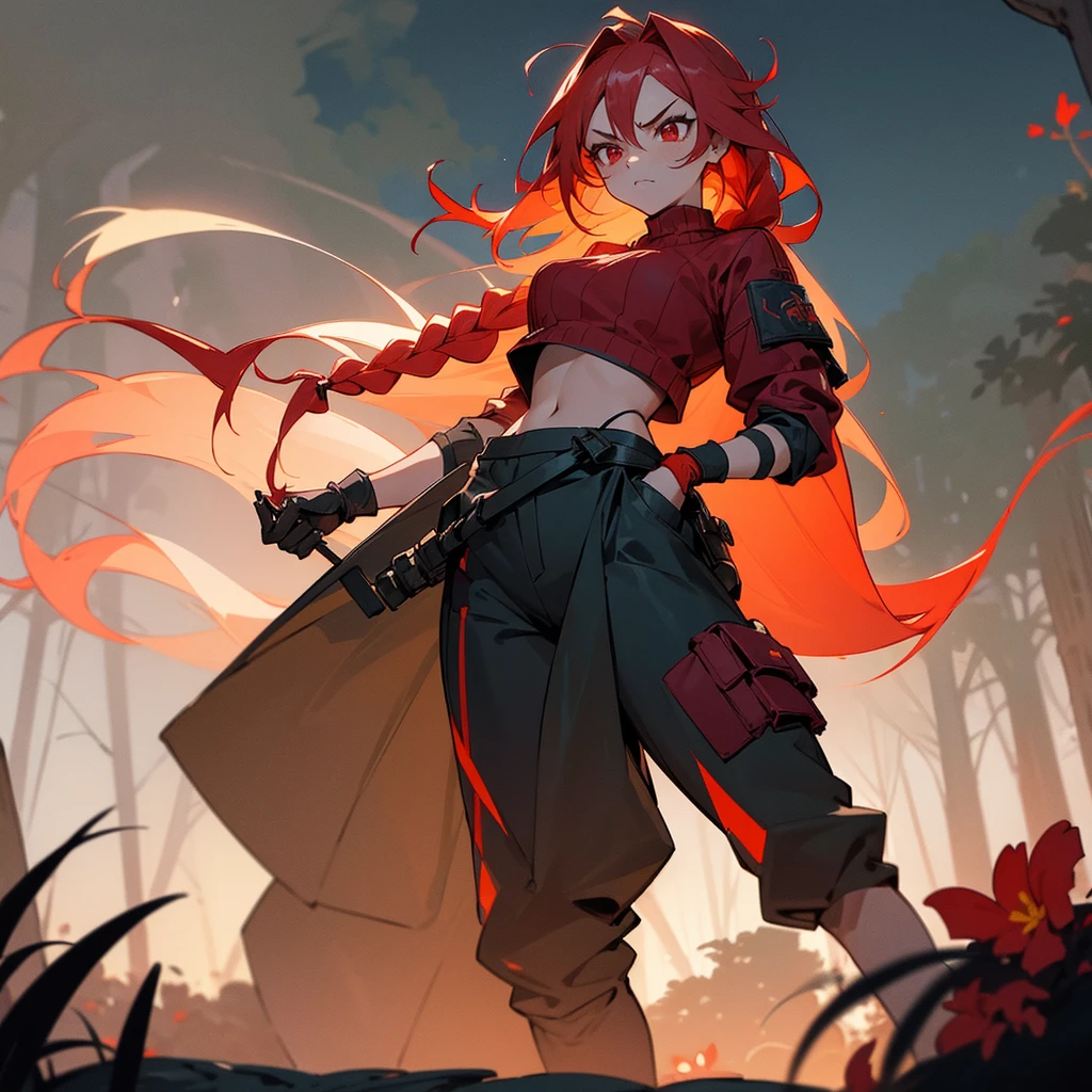 1female, sexy, young teen, finely detailed red eyes, wild long hair, braided hair, fluorescent red color hair, adventurer gear, crop top sweater, baggy combat pants, night time, dark forest, somber expression, angry, flowers, standing on path, lanturns, black armband