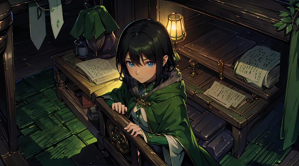 yuichiro hyakuya girl, (WithoutFear:1), 1 girl, black hair, green eyes, brown coat, gray armor, elves, sylvan, green shield, green cloak, dark brown gloves, forest, white fur trim, anime, standing, good quality, portrait, looking at viewer