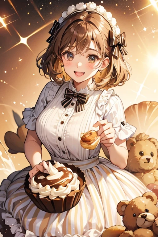 A brown ed croissant girl bear wearing a brown bow with a white chocolate chip in the center. She has cream cheese icing drizzled on her and has a big smile on her face. SPARKLE; GLITTER