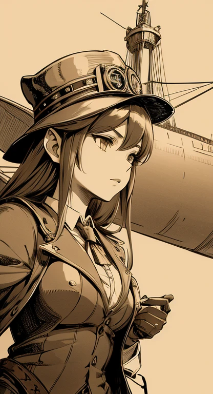 Sophisticated Hylia, hat, steampunk suit, airship, muted colors, sephia filter,