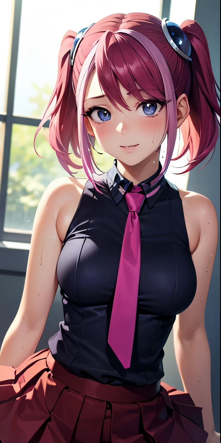 1 Female,High definition,high resolution,Ultra-realistic,8K, hy1, hair ornament, multicolored hair, necktie, skirt, sleeveless, , pink skirt, tight skirt,miniskirt, jewelry,European,sexy,Upper body close-up,Photographed from the front,Dynamic Angles,blush, medium , happy, wink the eye,facial, sweat,multicolored hair 