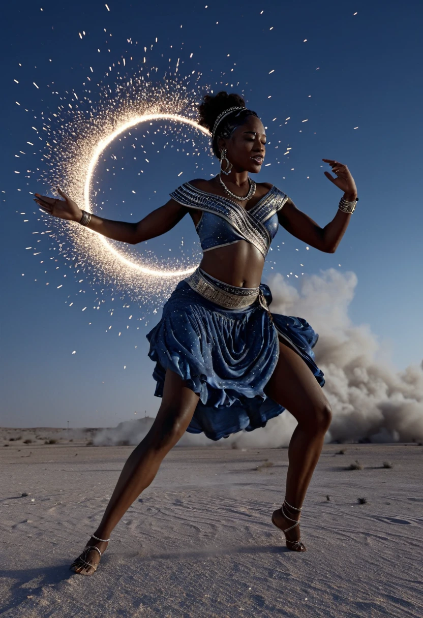 Black woman dressed in african designed clothes dancing and kicking dust in the middle of the desert as she dances, dust creating a text "PATIENCE" infront of her. "PATIENCE" the text in texture of dust particles. Night time with the moon and clouds creating a grey and blue cinematic grading, 32k high definition and high resolution images, unreal engine 5 rendered. Hyper-realistic images with high detailed features providing a viewer with a clear high definition well created masterpiece of art., dust particles suspended in air surrounding the art piece, art piece in the middle of the city, cinematic lighting, 32k, ultra HD, unreal engine rendered, hyper-realistic image,