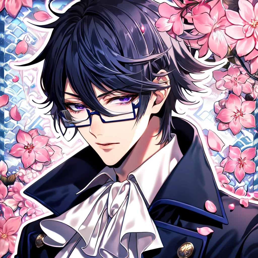 absurdres, highres, ultra detailed, HDR, master piece, best quality, Fushimi Saruhiko, messy hair, hair windswept, dark black blue tinted hair, long side bangs, expressive purple eyes, K Project, rectangular-shaped glasses, military uniform, a high collared long-sleeved dark blue trench coat, underneath his intricate coat, white shirt with an upturned collar, white fancy cravat, white gloves, solo, sexy man, handsome, fantasy, shining, water, pink flowers, pink blossoms, pink butterflies, pink petals