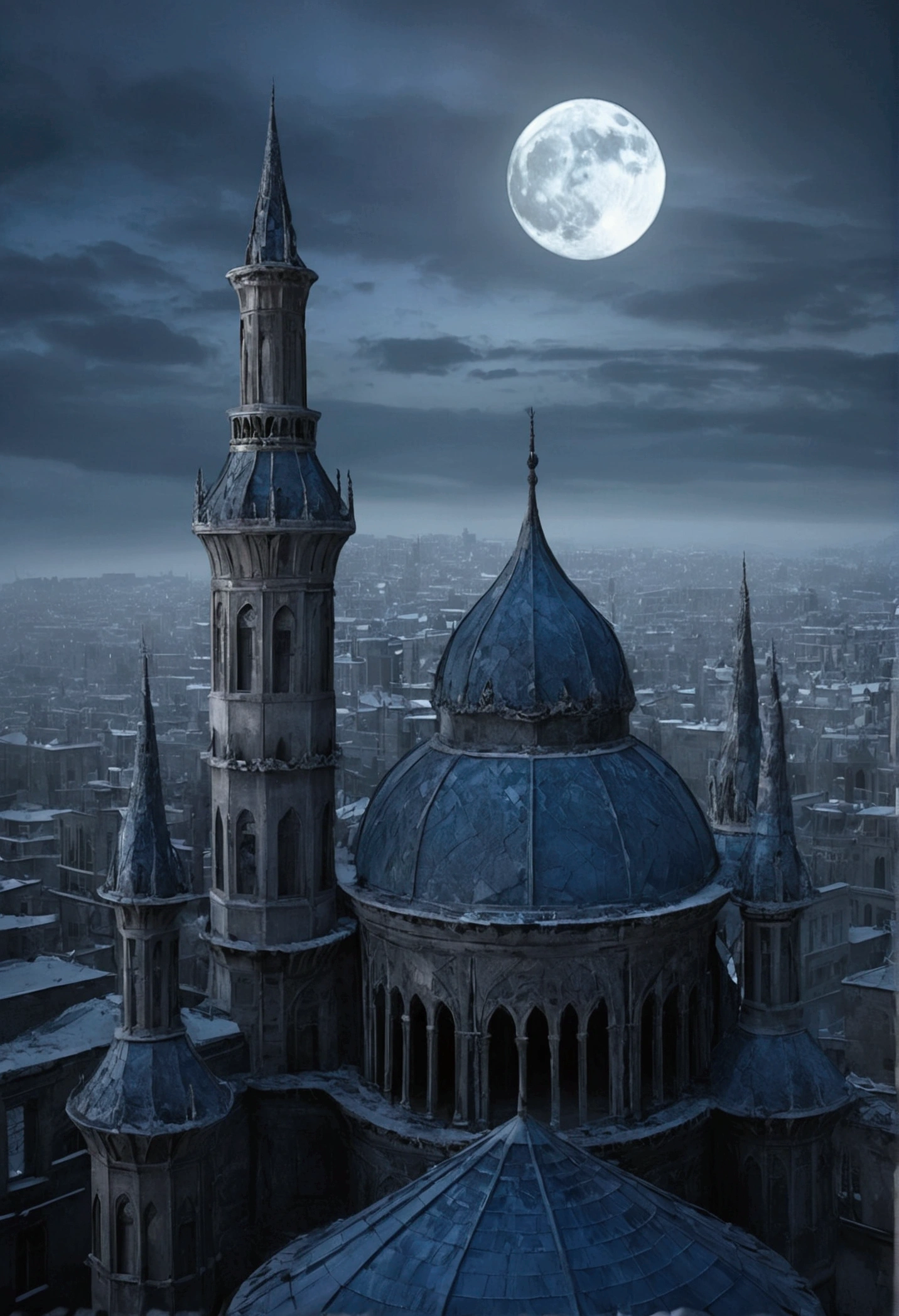 Ice Gothic city of undead, (blue, grey and silver color scheme), (Silver crescent moon), WINTER WASTELANDS, Necro, Face that is, It's a testament to its haunting beauty and creepiness, A testament to civilization's deep reverence for death and the afterlife. Its architecture incorporates a dark aesthetic, intricate designs, And the mystery of the afterlife. Below is a visual description: Cityscape: As you approach the Gothic ICE Necropolis City, You will be greeted by a sprawling metropolis shrouded in eternal twilight. Dark ash clouds loom overhead, Face that is, It casts an ethereal glow on the pale and translucent buildings of the city. Cityscape in a desolate landscape, Towering spires, Ornate arches, Complex bridges spanning gaps between buildings. architecture: The building itself, It is a mixture of Gothic, vampire and necromancy styles. turrets, minaret, Buttresses adorn the structure, Reach for the sky like a skeleton's fingers. These structures are mainly made of darkness, emissive material,It seems to absorb and emit a dim glow, otherworldly glow. The architecture combines grandeur and melancholy, It reflects the duality of the relationship between the dead and the dead. Mausoleum-style mansion: The dwellings of the city resemble mausoleums, Sculpture depicting an arched entrance and death scene, Leutentic, And cosmic energy. Balconies and terraces are decorated with stone carvings,It seems to come to life in the ever-changing twilight, Cast eerie shadows on the street below.