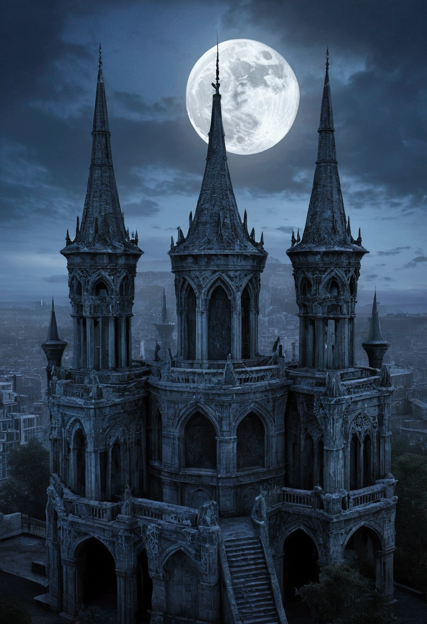 Ice Gothic city of undead, (blue, grey and silver color scheme), (Silver crescent moon), WINTER WASTELANDS, Necro, Face that is, It's a testament to its haunting beauty and creepiness, A testament to civilization's deep reverence for death and the afterlife. Its architecture incorporates a dark aesthetic, intricate designs, And the mystery of the afterlife. Below is a visual description: Cityscape: As you approach the Gothic ICE Necropolis City, You will be greeted by a sprawling metropolis shrouded in eternal twilight. Dark ash clouds loom overhead, Face that is, It casts an ethereal glow on the pale and translucent buildings of the city. Cityscape in a desolate landscape, Towering spires, Ornate arches, Complex bridges spanning gaps between buildings. architecture: The building itself, It is a mixture of Gothic, vampire and necromancy styles. turrets, minaret, Buttresses adorn the structure, Reach for the sky like a skeleton's fingers. These structures are mainly made of darkness, emissive material,It seems to absorb and emit a dim glow, otherworldly glow. The architecture combines grandeur and melancholy, It reflects the duality of the relationship between the dead and the dead. Mausoleum-style mansion: The dwellings of the city resemble mausoleums, Sculpture depicting an arched entrance and death scene, Leutentic, And cosmic energy. Balconies and terraces are decorated with stone carvings,It seems to come to life in the ever-changing twilight, Cast eerie shadows on the street below.