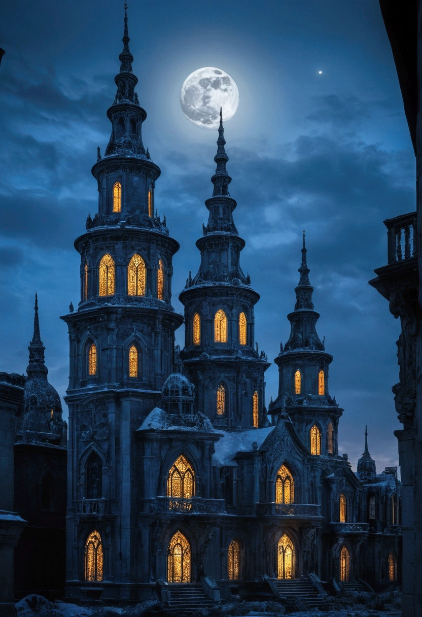 Ice Gothic city of undead, (blue, grey and silver color scheme), (Silver crescent moon), WINTER WASTELANDS, Necro, Face that is, It's a testament to its haunting beauty and creepiness, A testament to civilization's deep reverence for death and the afterlife. Its architecture incorporates a dark aesthetic, intricate designs, And the mystery of the afterlife. Below is a visual description: Cityscape: As you approach the Gothic ICE Necropolis City, You will be greeted by a sprawling metropolis shrouded in eternal twilight. Dark ash clouds loom overhead, Face that is, It casts an ethereal glow on the pale and translucent buildings of the city. Cityscape in a desolate landscape, Towering spires, Ornate arches, Complex bridges spanning gaps between buildings. architecture: The building itself, It is a mixture of Gothic, vampire and necromancy styles. turrets, minaret, Buttresses adorn the structure, Reach for the sky like a skeleton's fingers. These structures are mainly made of darkness, emissive material，It seems to absorb and emit a dim glow, otherworldly glow. The architecture combines grandeur and melancholy, It reflects the duality of the relationship between the dead and the dead. Mausoleum-style mansion: The dwellings of the city resemble mausoleums, Sculpture depicting an arched entrance and death scene, Leutentic, And cosmic energy. Balconies and terraces are decorated with stone carvings，It seems to come to life in the ever-changing twilight, Cast eerie shadows on the street below.