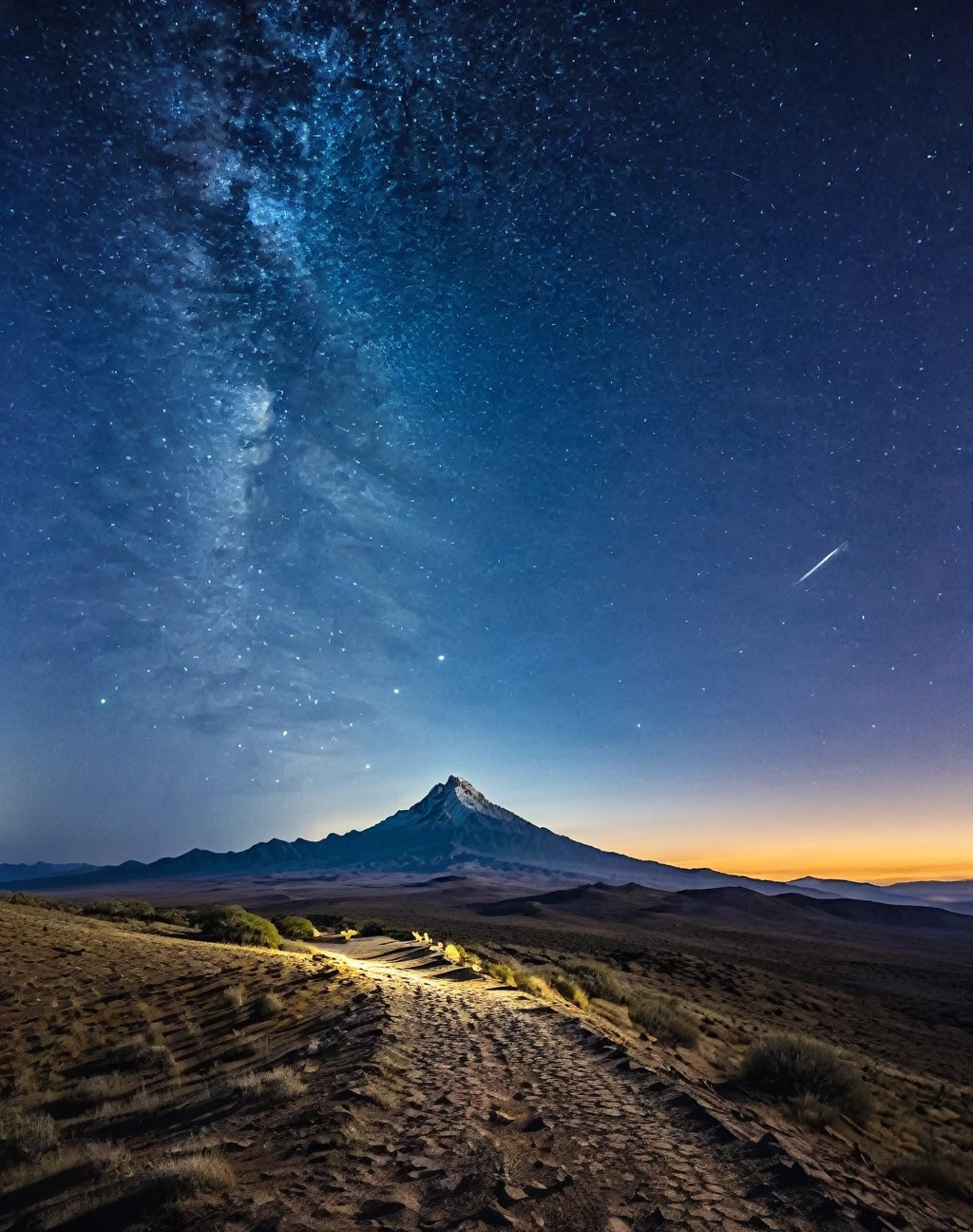 mexican night scenery, a starry sky over vast plains and lonely mountain trails illuminated only by moonlight