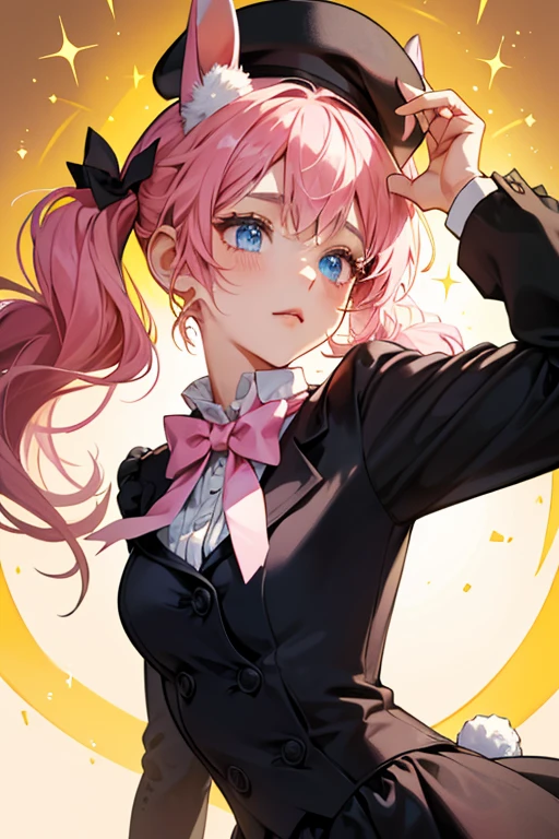 Monsieur Butter is a tan girl Crossiant Num. She has bunny ears on the side of her head and a black beret on the other side. Below her ears is some melting butter. She wears a dark pink bow tie. She doesn’t have a mouth SPARKLE; GLITTER