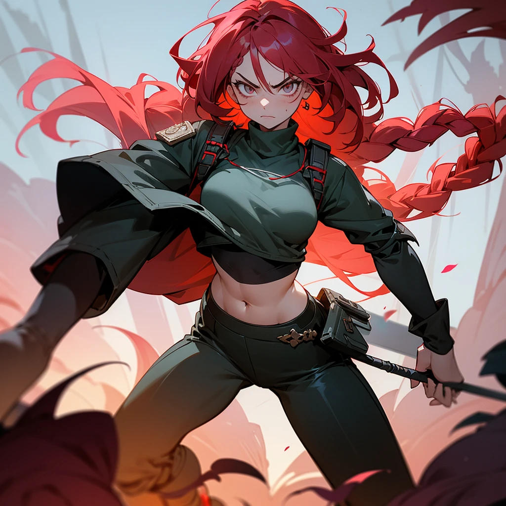 1female, sexy, young teen, finely detailed rose eyes, wild long hair, braided hair, fluorescent red color hair, adventurer gear, crop top sweater, baggy combat pants, night time, dark forest, somber expression, angry, flowers, standing on path, lanturns, black armband