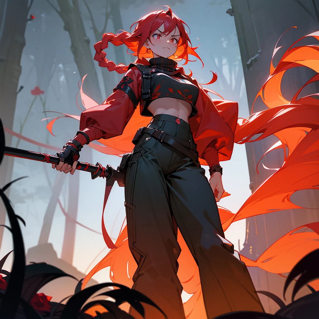 1female, sexy, , finely detailed rose eyes, wild long hair, braided hair, fluorescent red color hair, adventurer gear, crop top sweater, baggy combat pants, night time, dark forest, somber expression, angry, flowers, standing on path, lanturns, black armband