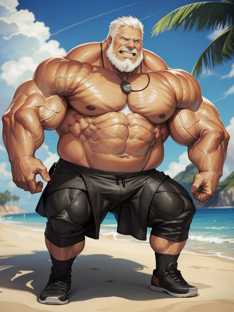 1boy, 1man, solo. Park, extremely huge muscular, massive muscular, full-body , (topless, shirtless, shorts), well-muscled old man. ((extremely muscle size, super thick arms, huge pec, extremely wide pectoral , huge arms)), wide smiling. Add textures and details to make the image more realistic, such as the appearance of the. Make sure the resulting image is high resolution, 8K quality