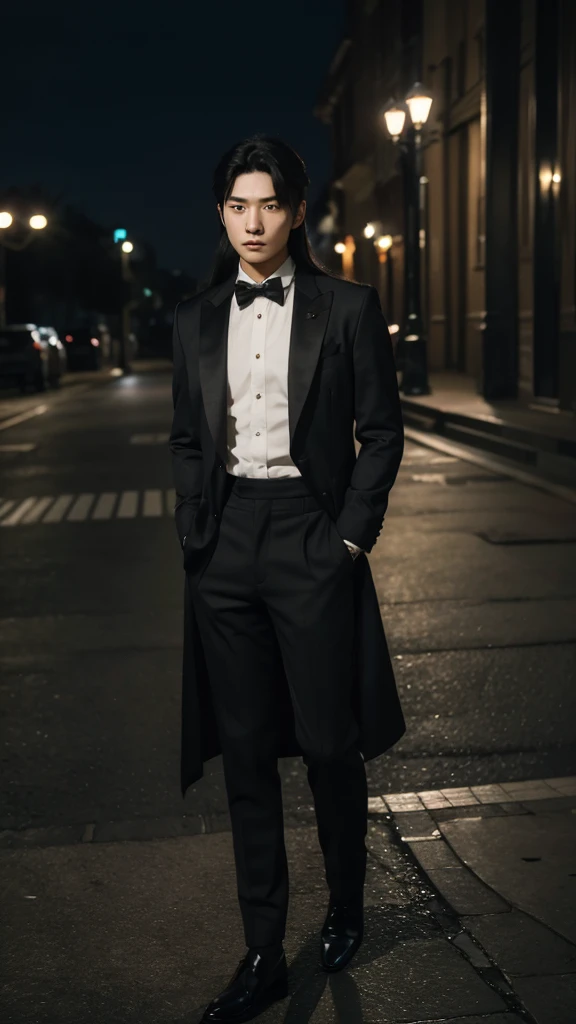 Photo of a 20 year old Korean man ,with medium and coarse muscle , black and somewhat long hair,man posture, wearing formal clothes in a well-lit square at night,8k ,ultra realisitic.
