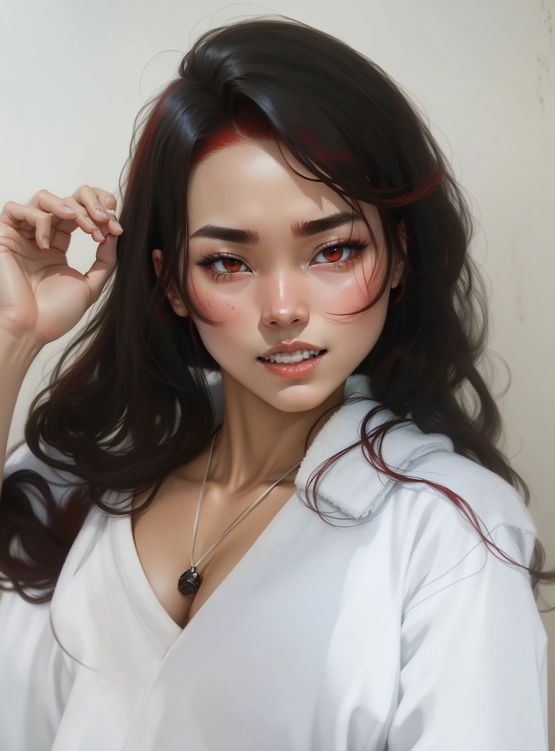 Red Hair, smooth kimono nineteen years japanese anime 2d red eyebrows scar on chest woman physique regulates without towel