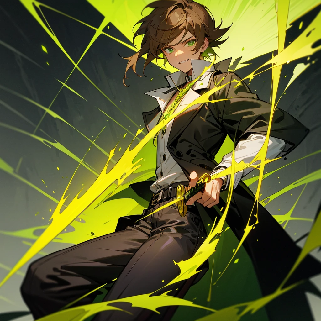 1 brown-haired man with flaming lime green eyes wearing a black coat and white shirt with black jeans with pockets and chains , de 1.80 tall with Lime Green lightning spells and chains in the background and around him as he smiles with a confident expression and with Meliodas style hair with an adult face