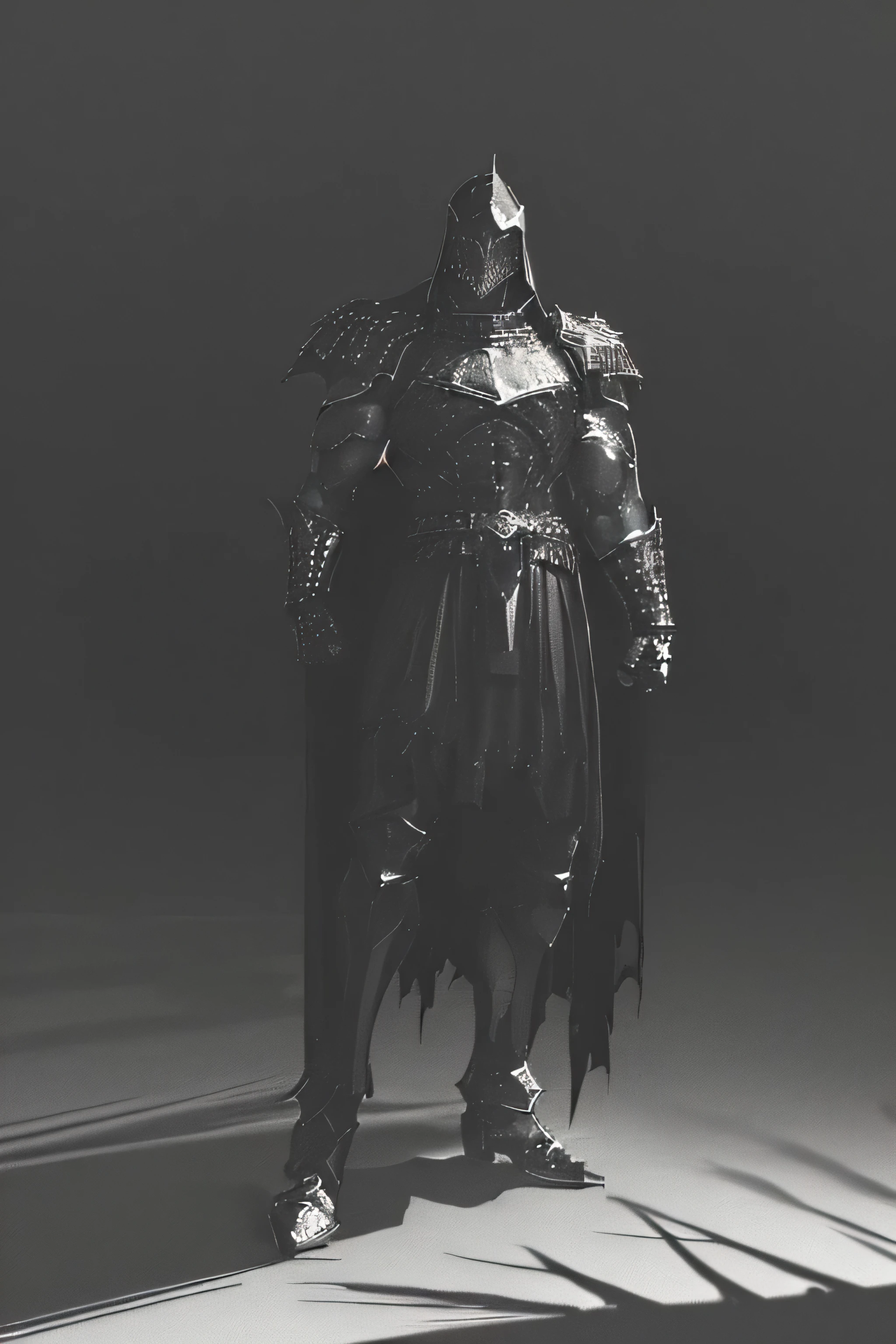 ((black cape but back)) a knight (((demonic))) (((((extremely muscular))) in medieval armor made of black crystal, ((((black armor)))), demon horns , dark and gloomy horror atmosphere, highly detailed, 8k, photorealistic, chiaroscuro lighting, moody color palette, dramatic shadows, dynamic pose wearing helmet armor with glass visor, frontal image full body black and white armor with crystals