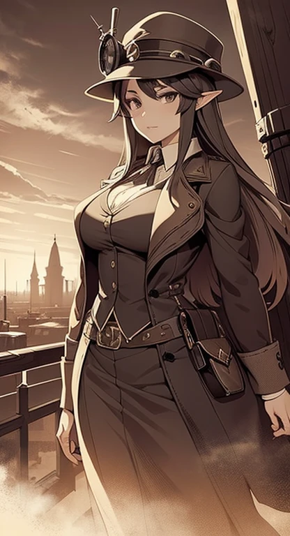 Sophisticated Hylia, hat, steampunk suit, airship, muted colors, red filter,