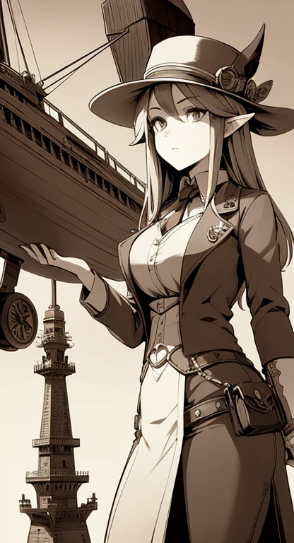 Sophisticated Hylia, hat, steampunk suit, airship, muted colors, red filter,