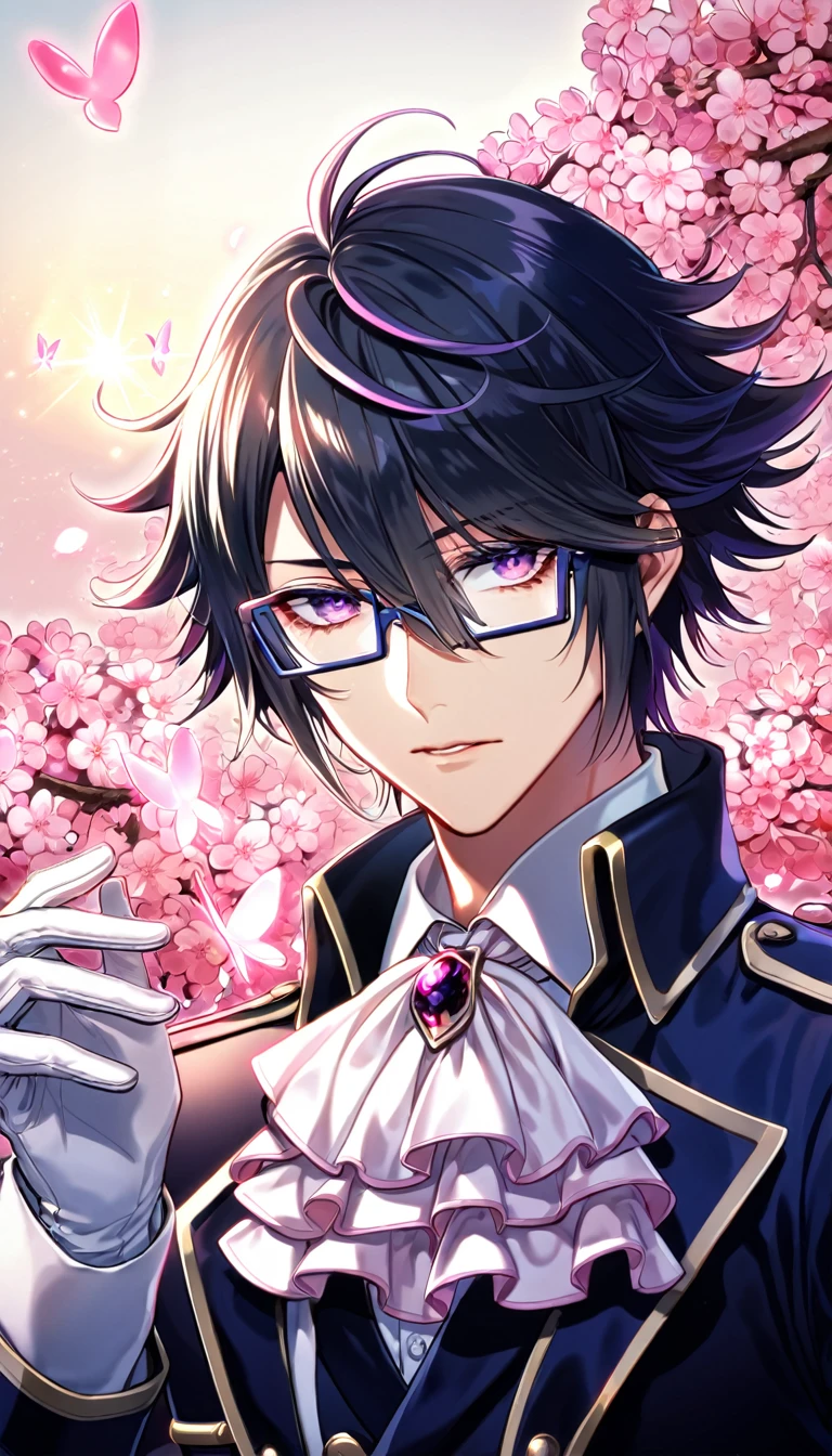 absurdres, highres, ultra detailed, HDR, master piece, best quality, Fushimi Saruhiko, messy hair, hair windswept, dark black blue tinted hair, long side bangs, expressive purple eyes, K Project, rectangular-shaped glasses, military uniform, a high collared long-sleeved dark blue trench coat, underneath his intricate coat, white shirt with an upturned collar, white fancy cravat, white gloves, solo, sexy man, handsome, fantasy, shining, water, pink flowers, pink blossoms, pink butterflies, pink petals