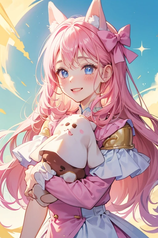 A girl musk pink Num crepe folded with floppy dog ears and an excited expression. Her cheeks has a very faint blush, and on her top is white frosting covered in pink, sky blue, and yellow sprinkles. She wears a raspberry bow. SPARKLE; GLITTER