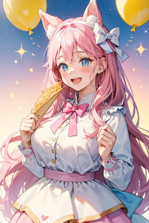 A girl musk pink Num crepe folded with floppy dog ears and an excited expression. Her cheeks has a very faint blush, and on her top is white frosting covered in pink, sky blue, and yellow sprinkles. She wears a raspberry bow. SPARKLE; GLITTER