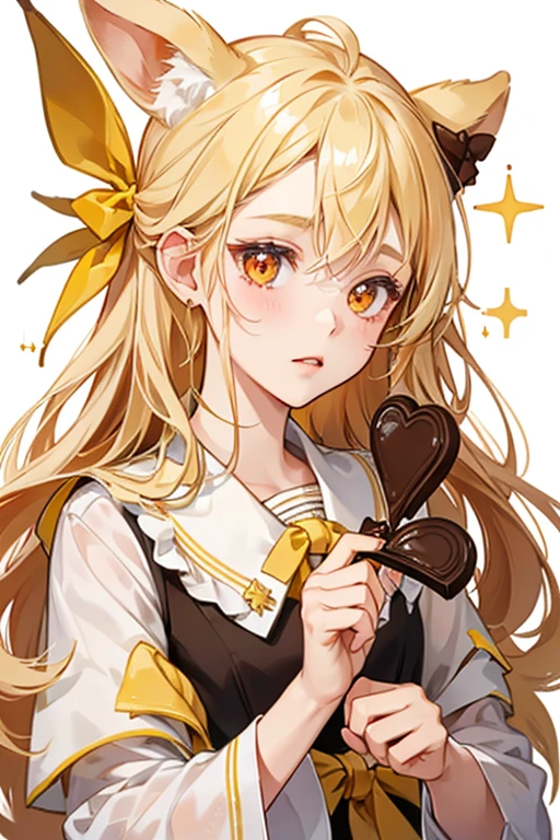 A girl folded, golden Num crepe with banana slices for ears and a chocolate muzzle. She has a basic expression and very pale, red cheeks. She wears a melting chocolate bow with a chip in the middle, along with a white drizzle. SPARKLE; GLITTER