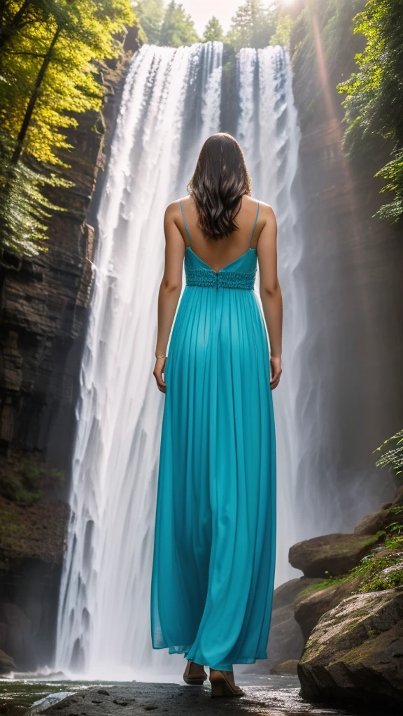 1 girl, realistic beautiFul young woman, wearing a beautiFul dress, waterfall, walking under the waterfall, Turn her back to the audience, mysterious beauty, Full body, the character ratio is only 1/8, lake surFace, ((big forest)), Raio Tyndall, 真实感, cinematic lighting, ray tracing, optical illusion, Lens Flare, 120mm, F/1.2, sony Fe manager, ultra HD, retina, work of art, ((highest quallity)), ((work of art)), (very detailled: 1.3)