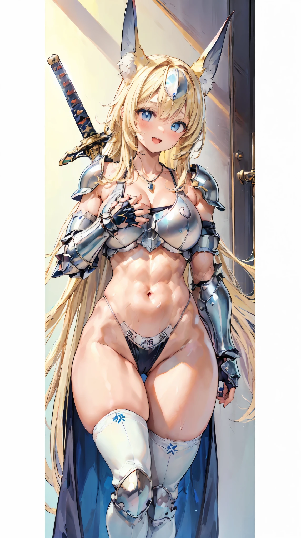 Very detailed、Highest quality、Best image quality、masterpiece、8k、(shoulder-length blonde hair:1.5、Medium Long Hair)、(smile、Open Mouth) 、(Hilarious)、(Big eyes)、(Beautiful and shining eyes)、(Detailed anime eyes)、(Puffy eyes)、(Big Breasts:1.8、necklace)、((SFW Huge Body))、(Wearing bikini armor:1.5、White highleg panties、Arm Armor、Leg armor:1.5、Wearing a helmet:1.5)、(Holding a sword:1.5)