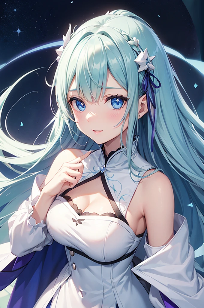 Sky blue hair, (One braided ponytail),(Pink Eyes),Fair skin ,(whole body),(One girl),The goddess,Sky Yue,Tanabata,(The Milky Way in the night sky),Hollow Eyes,Blushing,Straight bangs,(masterpiece, Highest quality, Very detailed, Best Shadow), (Detailed Background), (Beautifully detailed face), High Contrast, (Best lighting, Very delicate and beautiful), ((Cinematic Light)), colorful, Hyper Detail, Dramatic Light, Intricate details,Open your arms