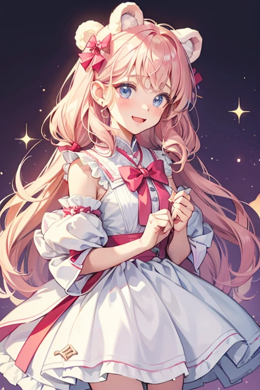 (top-quality), (​masterpiece)、(ultla detailed)、(Beautiful girl alone)、Lori、(cute little)、(Skindentation:1.2)、pink theme、Pink and white leotard dress、cleavage、Pink overskirt、Puffy Short Sleeves、white glove、Scrunchies on the wrist、Standing、a blond、Medium Hair、dynamicposes、(blue eyess)、A detailed eye、A detailed face、A smile、Medium chest、15yo student、(Two-side-up:1.2)、Ahoge、(FULL BODYSHOT)、(Magic Effects:1.3)、black backgrounds、White collar and star brooch、From  above、Large pink ribbon at the waist