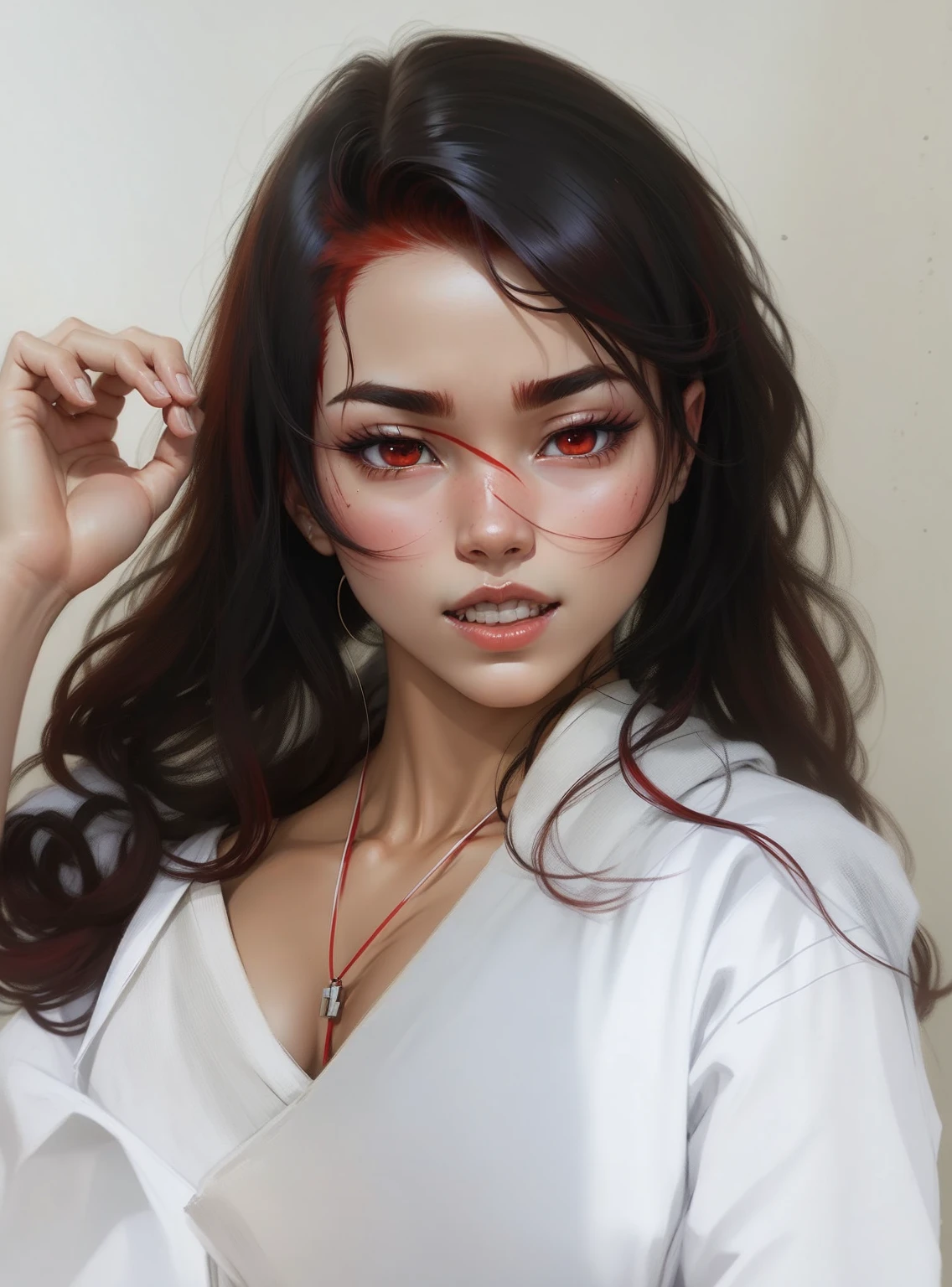 Red Hair, smooth kimono nineteen years japanese anime 2d red eyebrows scar on chest woman physique regulates dark brown