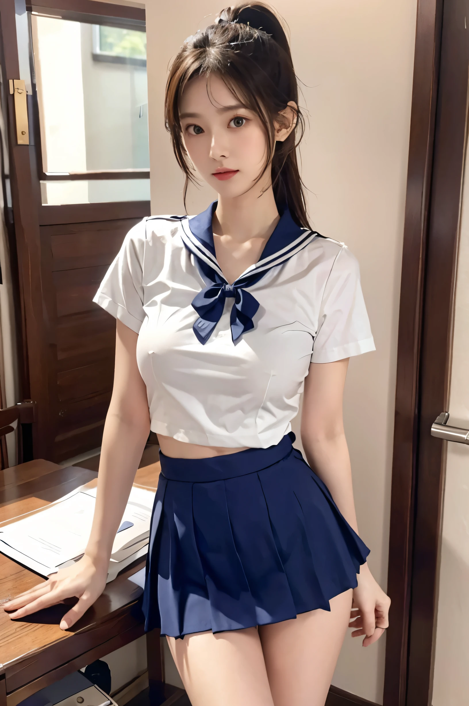 (Ultra HD), (Sailor suit:1.6, White short sleeve shirt, Navy blue mini skirt), (Big Breasts:1.4), slender, Narrow waist, whole body, Standing posture, (Clean and shiny skin, Whitening, No makeup), (Super slim face, Super beautiful face), (Light Brown Ponytail, Layered Cut, Fluffy hair), (double eyelid, Slanted Eyes), Small Nose, Thin lips, Thin legs, school gate