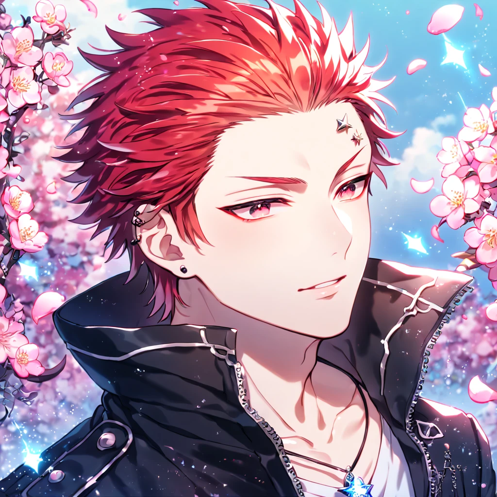 absurdres, highres, ultra detailed, HDR, master piece, Suoh Mikoto, red hair, hair is kept short, ruffled, slicked back and spiked, with two strands of hair near the opposite sides of his head falling over his face, expressive amber eyes, K Project, black leather jacket with fur, white v-neck shirt, star pendant, sexy man, handsome, best quality, blossoms, pink petals, pink flowers, water, fantasy, magical, blue shining fireflies, a piercing, solo, 