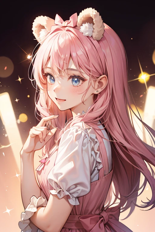 A girl folded, vertical chocolate crepe with bear ears. She has a light pink drizzle and a dark pink bow on one ear. She is making an excited expression. SPARKLE; GLITTER