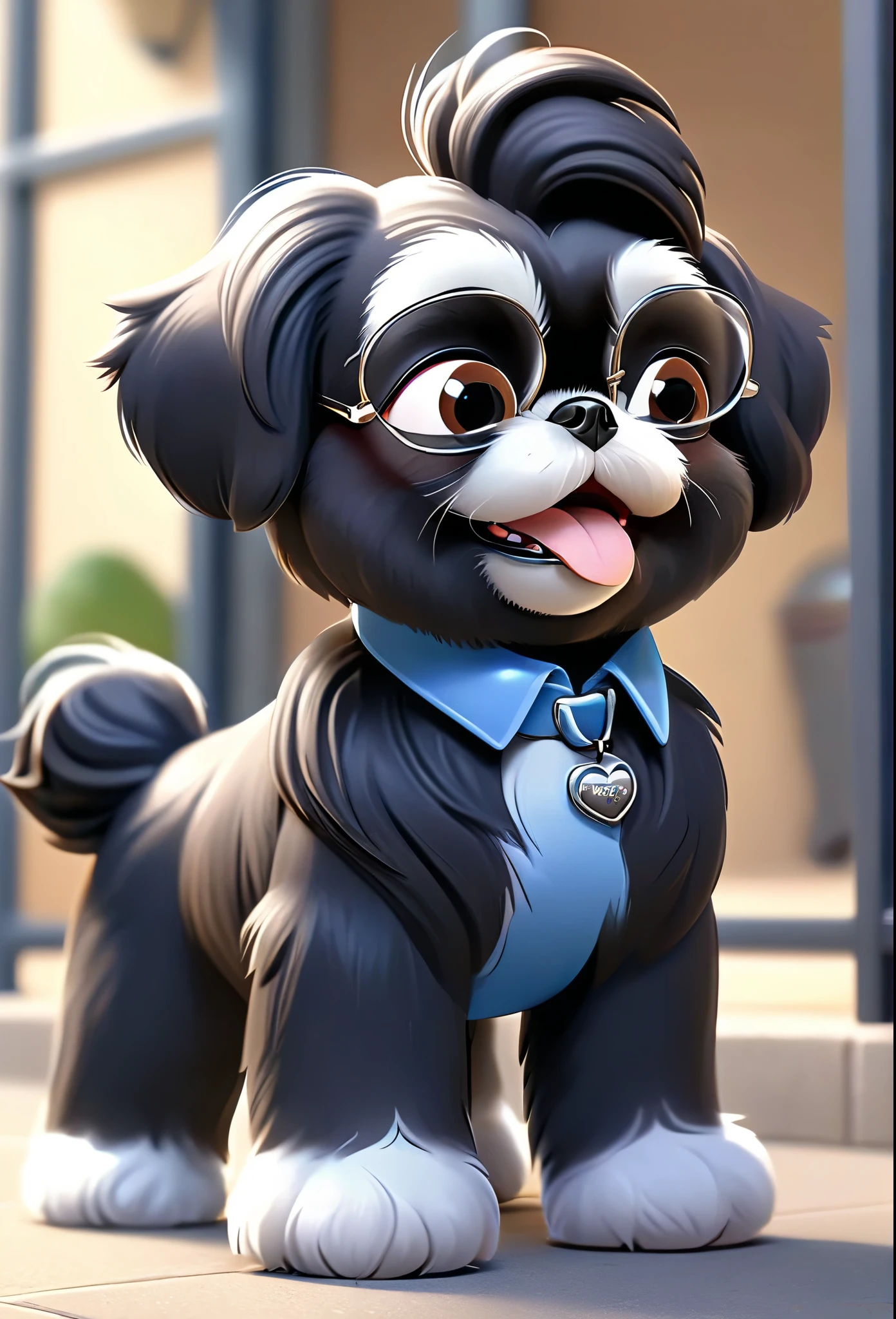 2 adorable black black black black black Shih Tzu puppies with big blue eyes wearing silver collars and sunglasses go to school principals office, go to school, school in background happy, playful 3D Pixar Style