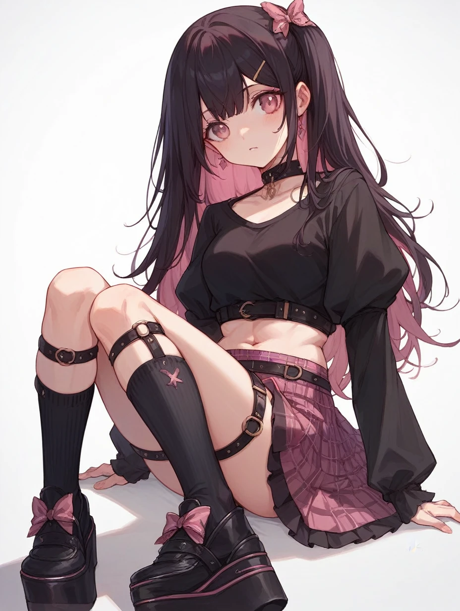 long hair girl, black color and pink tips, her eyes are fiusha pink,She wears a black navel blouse and a black and fiusha pink plaid skirt with black socks and platform shoes 