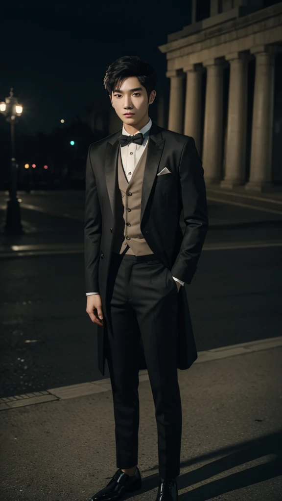 Photo of a 20 year old Korean man ,with medium and coarse muscle , short black hair,man posture, wearing formal clothes in a well-lit square at night,8k ,ultra realisitic.