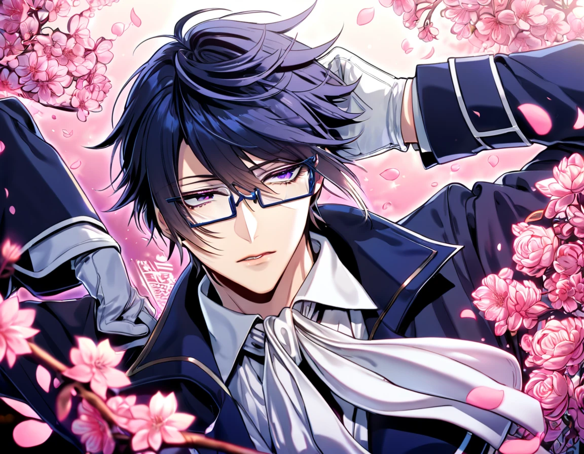 absurdres, highres, ultra detailed, HDR, master piece, best quality, Fushimi Saruhiko, messy hair, hair windswept, dark black blue tinted hair, long side bangs, expressive purple eyes, K Project, rectangular-shaped glasses, military uniform, a high collared long-sleeved dark blue trench coat, underneath his intricate coat, white shirt with an upturned collar, white fancy cravat, white gloves, solo, sexy man, handsome, fantasy, shining, water, pink flowers, pink blossoms, pink butterflies, pink petals