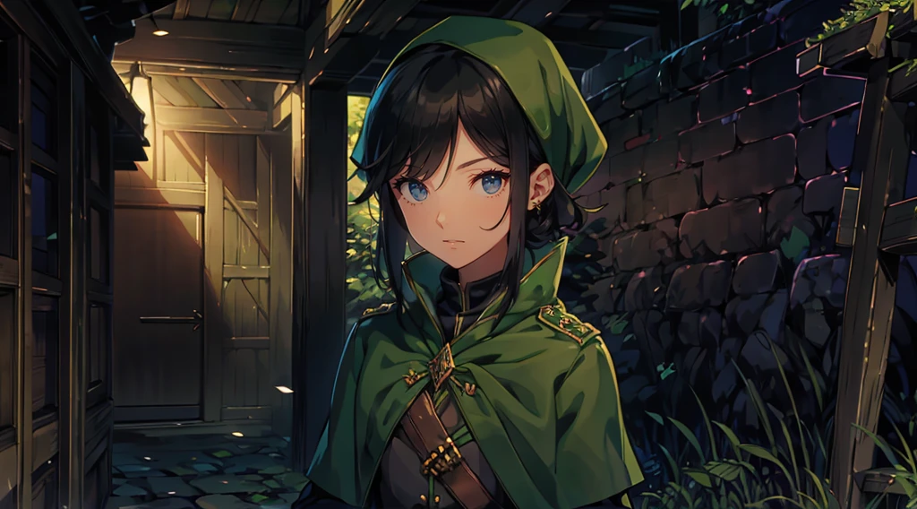 yuichiro hyakuya girl, (WithoutFear:1), 1 girl, black hair, green eyes, brown coat, gray armor, elves, sylvan, green shield, green cloak, dark brown gloves, forest, white fur trim, anime, standing, good quality, portrait, looking at viewer