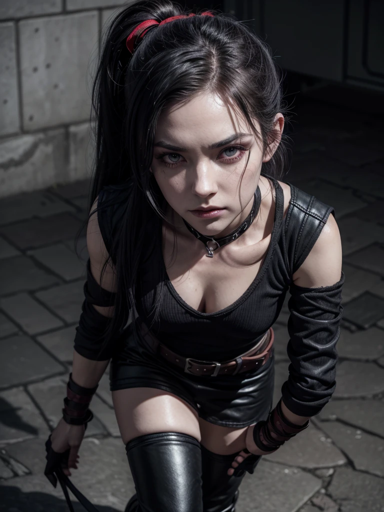 Dark Tiefling is a female assassin with pale gray skin and completely black eyes with no visible irises or pupils. Her horns are short and sharp. She has scars in the form of demonic runes carved into her skin. Her hair is long, purple and disheveled in a ponytail, a black, wide-necked tunic reinforced with leather or metal, black bracers with red details, and a belt for carrying weapons and equipment. Flexible pants and sturdy boots complete the ensemble, allowing for quick and silent movement. Black hood with red runic designs