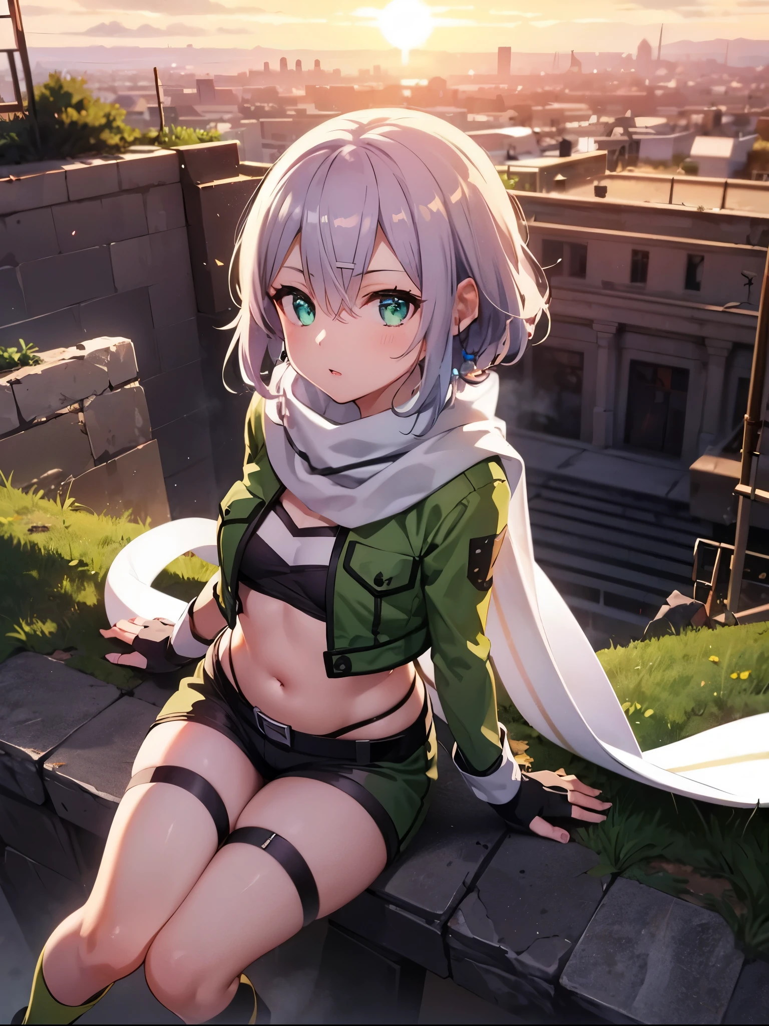 (masterpiece), Highest quality, Expressive eyes, Perfect Face, High resolution, Chinon 1, scarf, Fingerless gloves, Long sleeve, Short shorts,between legs, hair ornaments, Hair Clip, Green knee socks, Green jacket,Covered_Nipples, Thigh straps, Field, sunset_Remains_landscape_background, Destroyed building, dynamic_Pause, Looking at the audience, (From above:1.2),Covered_belly button,