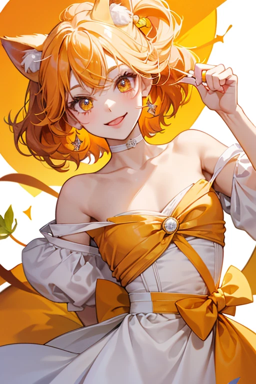 Mango Madison girl is a bright orange crepe folded in on herself. She has pointed cat ears and is sticking out her tongue with a sideway smile and winking eye. She has a swirl of white icing resembling hair, beneath a bow that resembles an orange strawberry with a white dollop of cream and two tiny leaf. SPARKLE; GLITTER