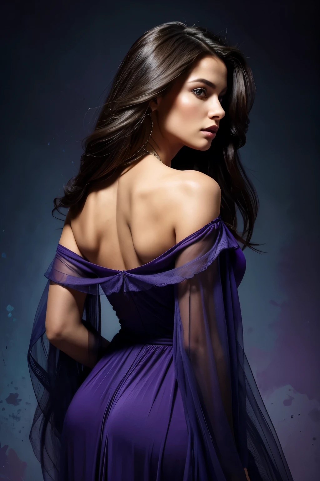**Digital painting of a gorgeous and beautiful French model with long dark hair cascading down her back and a serious expression on her face. The woman is wearing a loose off-the-shoulder dress that combines shades of dark blue to violet, with intricate patterns and a transparent overlay. The background is an abstract mix of soft, muted colors with paint splatters, giving the image a dreamlike and ethereal quality. The overall composition is dynamic, and the woman's hair and dress appear to be in motion, adding a sense of movement to the artwork**