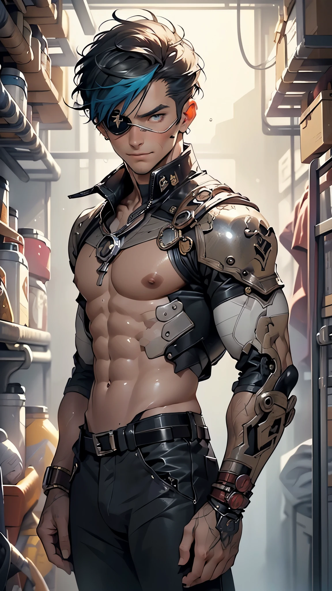 man:1.5,1 man,cyborg man,(1man),((one eyepatch, pirate man, cyborg, robotic arm, short hair)),

(((1male,handsome man,male,male gender:1.5,male focus))),macho man,

(((lustrous skin:1.5,tanned skin,bright skin: 1.5,skin tanned,shiny skin,very shiny skin,shiny body,illuminated skin))),man chest,((muscular)),(((detailed face))),

nsfw,

(((bare chest))),red pants,((bulge in pants)),((cyborg outfit)),((wet clothes,intricate outfit,intricate clothes)),

(dynamic pose:1.0),solo focus,((evil smile,evil look)),(centered,scale to fit dimensions,Rule of thirds),

inside,indoor,((cozy steampunk room)),scenery:1.25,((intricate scenery)),((steampunk decorations)),

(Glossy steampunk ornaments),highres,sharp focus,(ultra detailed,extremely detailed),(photorealistic artwork:1.37),(extremely detailed CG unity 8k wallpaper),(((vibrant colors,vibrant theme))),(intricate),(masterpiece),(best quality),artistic photography,(photography taken by sldr),(intricate background),perfect rendered face,perfect face details,realistic face,photo realistic,((intricate detail)),(((realism))),